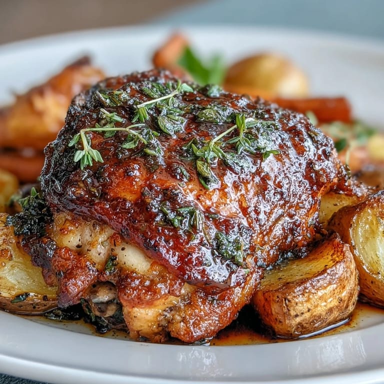 Tender chicken glazed with honey mustard, surrounded by caramelized carrots and baby potatoes in a one-pan dinner.