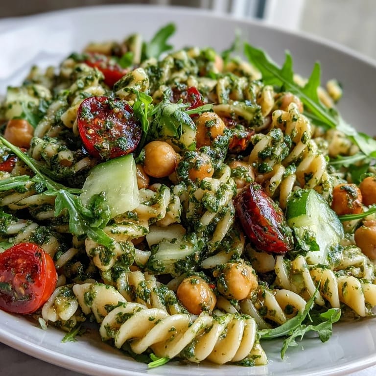 This hearty, protein-rich pasta salad features tender fusilli tossed in a luscious cashew-based pesto with peppery arugula and fresh veggies.  