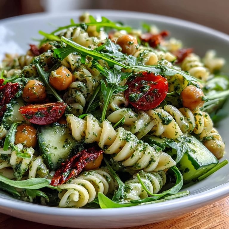 A vibrant, dairy-free pesto pasta salad with chickpeas, arugula, and cherry tomatoes, perfect for a refreshing and satisfying plant-based meal.