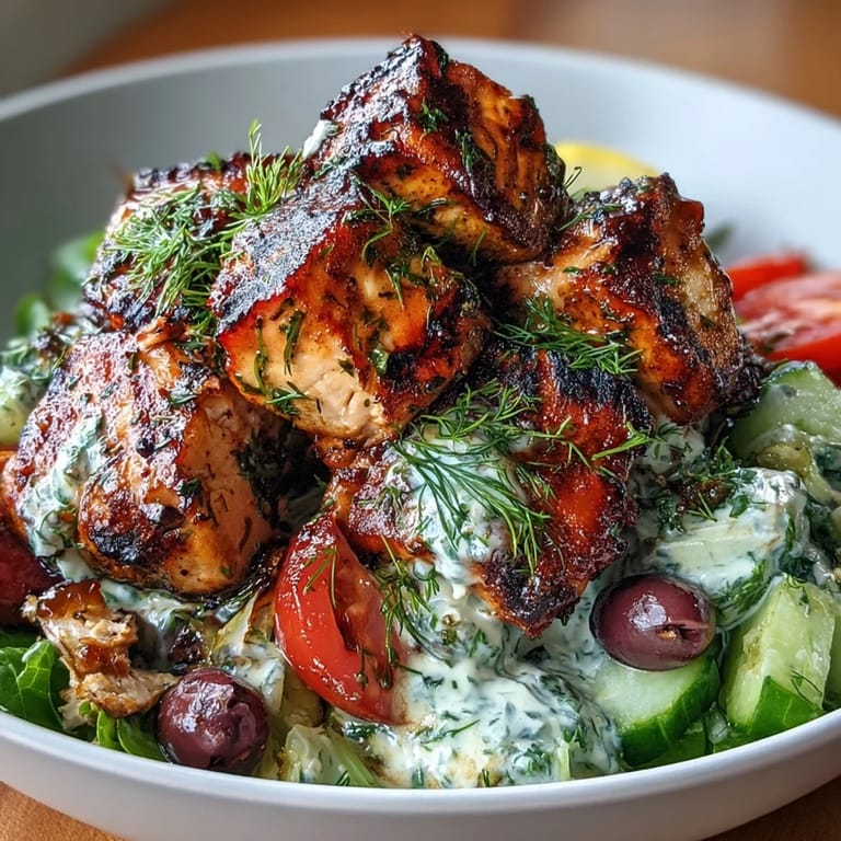 Fresh and healthy Greek chicken souvlaki bowls featuring tender grilled chicken, crisp veggies, fluffy rice, and homemade tzatziki.