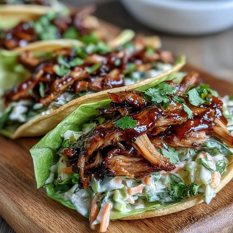Plant-based BBQ jackfruit nestled in crisp lettuce leaves and garnished with vibrant, tangy slaw for a light, flavorful dish.
