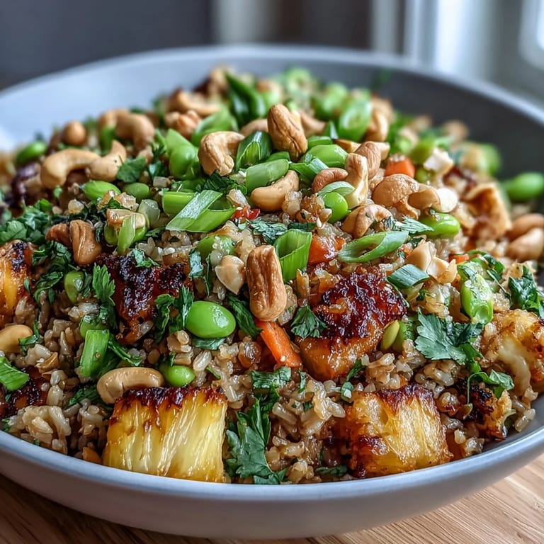 Healthy cauliflower rice stir-fry featuring juicy pineapple, edamame, and bell peppers in a savory Asian-inspired sauce.  