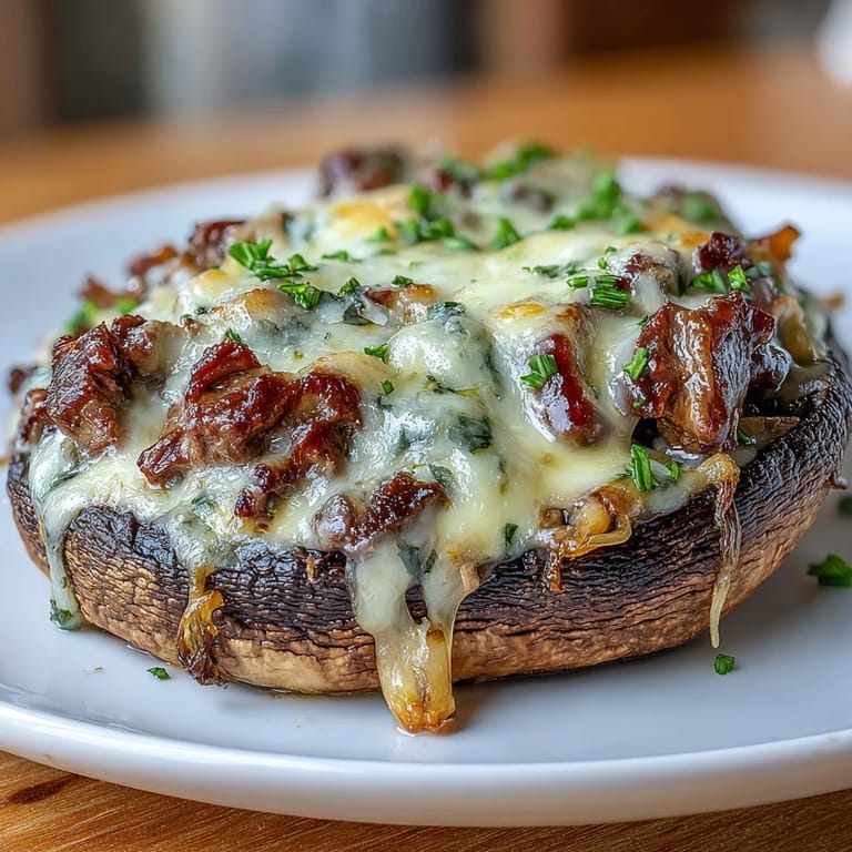 Savory ribeye steak, sautéed peppers, and gooey provolone fill roasted portobello caps in this low-carb Philly cheesesteak twist.