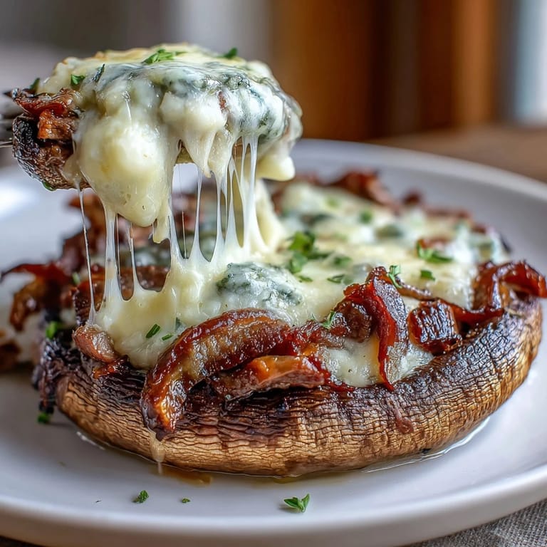 Golden-brown portobello mushrooms loaded with tender steak strips, colorful bell peppers, and bubbling cheese—perfect keto comfort food.