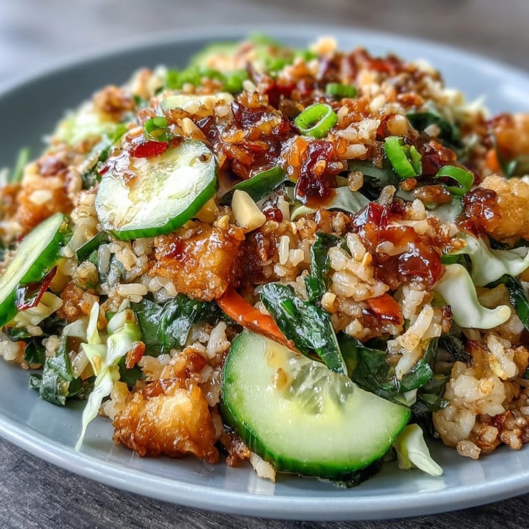 Fresh crispy rice salad featuring golden baked rice, colorful vegetables, and rich peanut sesame dressing for a satisfying crunch.