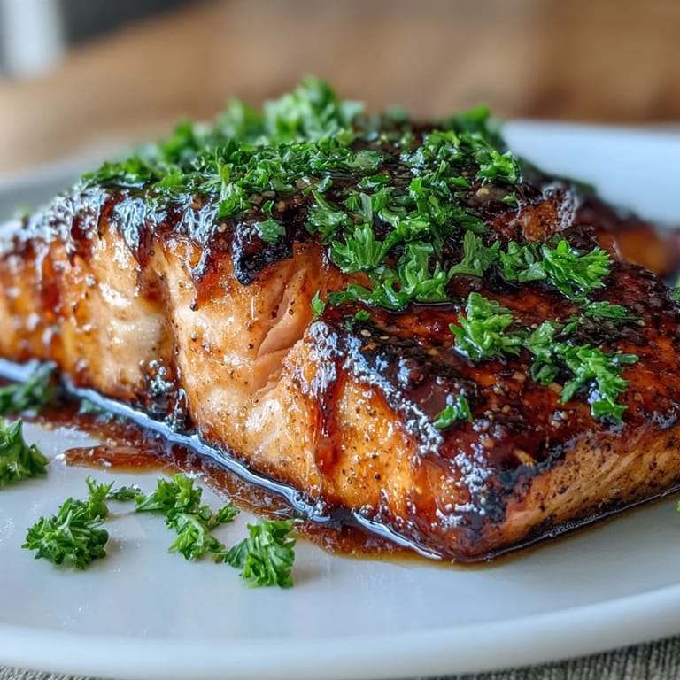 Oven-baked salmon fillets marinated in garlic, soy, and honey, served with a golden caramelized finish.  