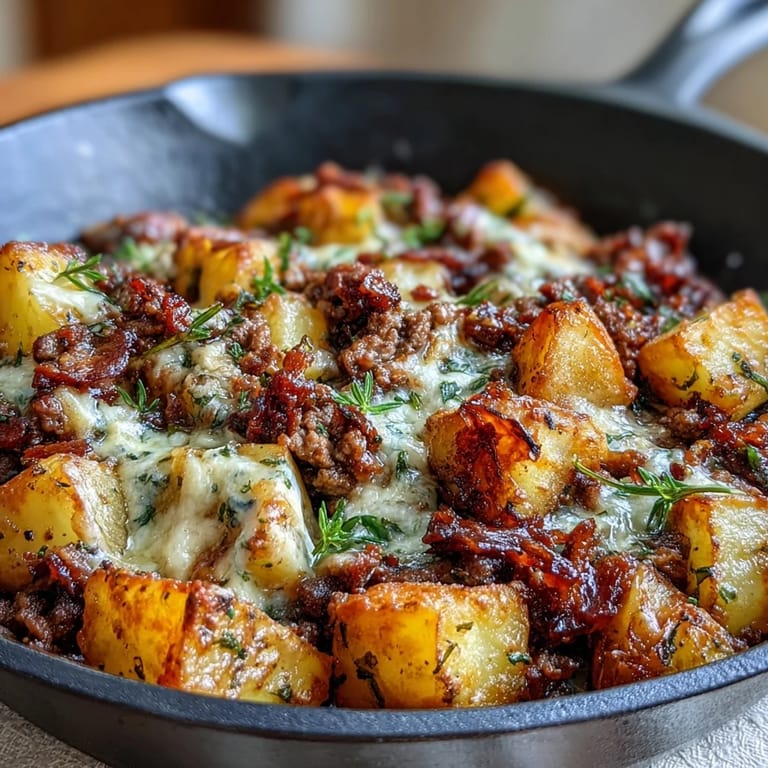 High-protein comfort food with seasoned beef, crispy potatoes, and aromatic herbs.  