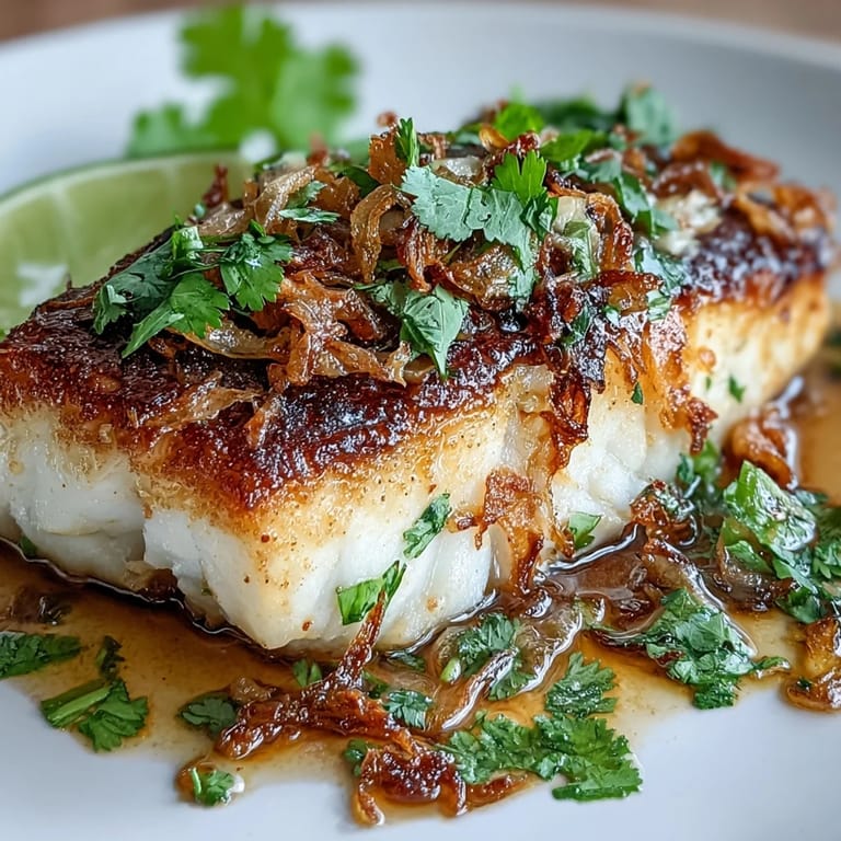 Crispy pan-seared fish fillets drizzled with a zesty chilli-lime sauce, garnished with cilantro and crunchy fried shallots for bold flavor.