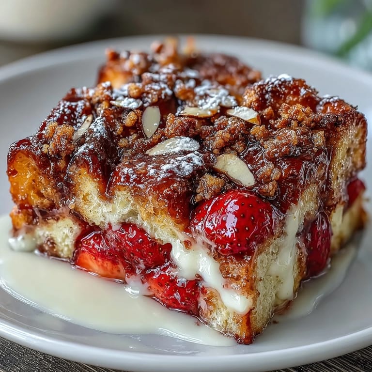 Sweet strawberries and creamy custard-soaked brioche baked into a golden casserole, topped with cinnamon streusel for a festive Galentine's gathering.