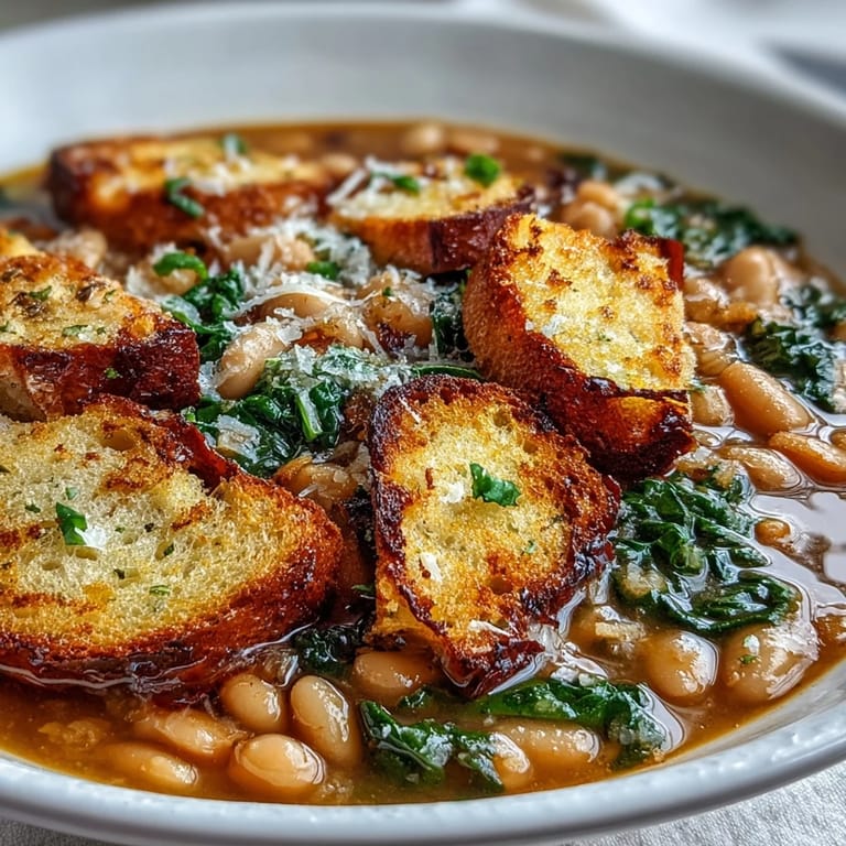 Warm, comforting Tuscan Ribollita soup featuring creamy white beans, seasonal vegetables, and golden sourdough croutons.  