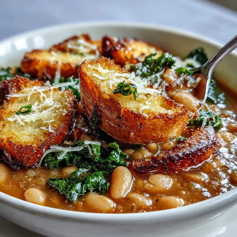 Traditional Italian Ribollita with white beans, Tuscan kale, and crunchy sourdough croutons, perfect for a cozy meal.