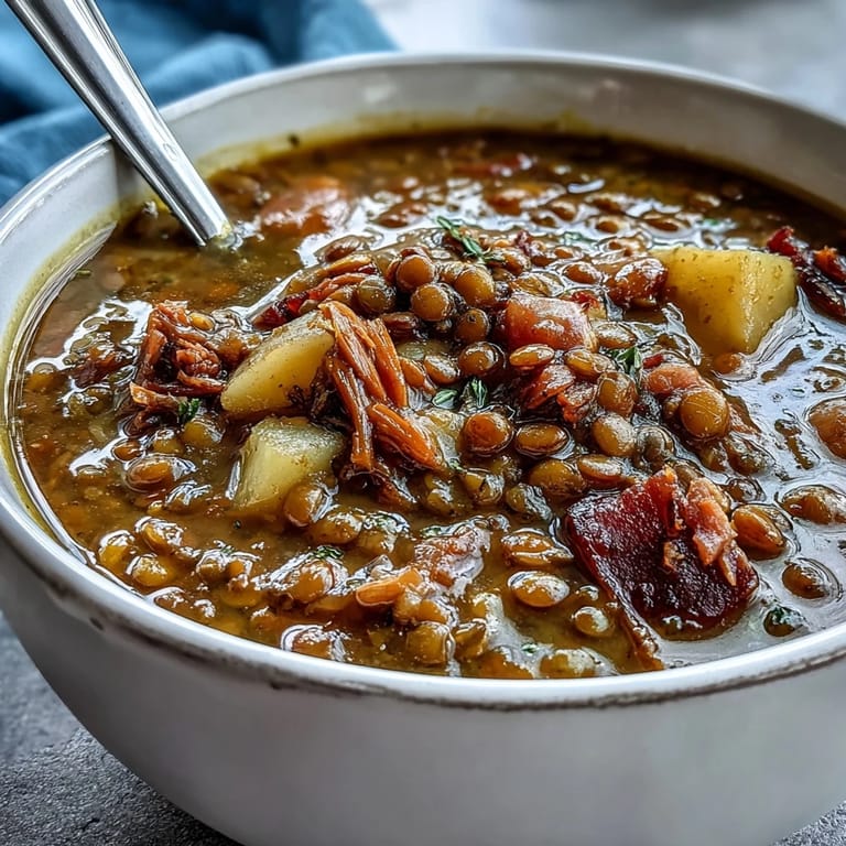 Warm bowl of ham bone and lentil soup with diced carrots, parsnips, and potatoes, garnished with lemon wedges for a zesty finish.  