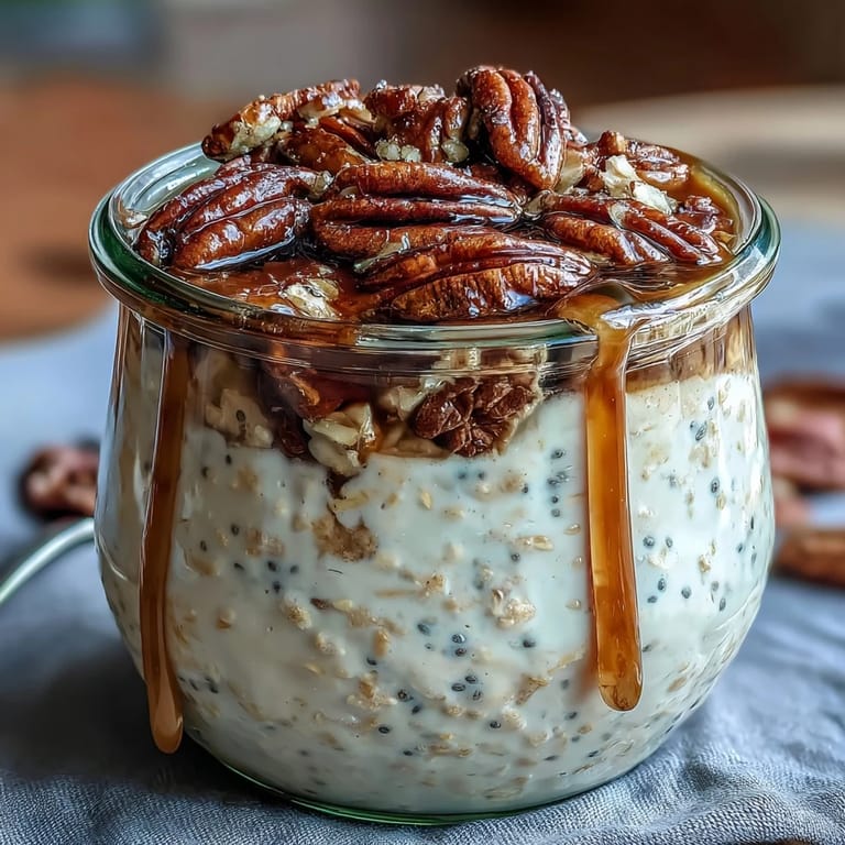 Overnight oats topped with crunchy caramelized pecans and maple syrup, perfect for an easy, make-ahead morning meal.