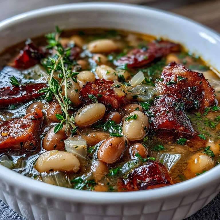 A close-up view of a spoon dipping into a bowl of creamy ham and navy bean soup.