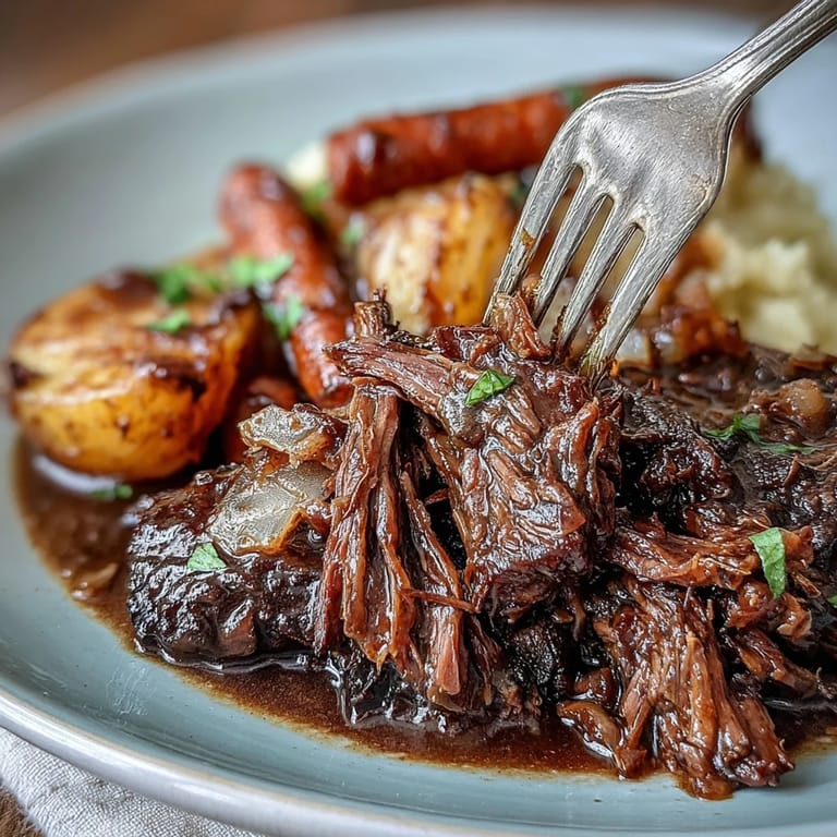 Classic onion soup mix pot roast, slow-cooked to perfection with potatoes, carrots, and a savory broth.