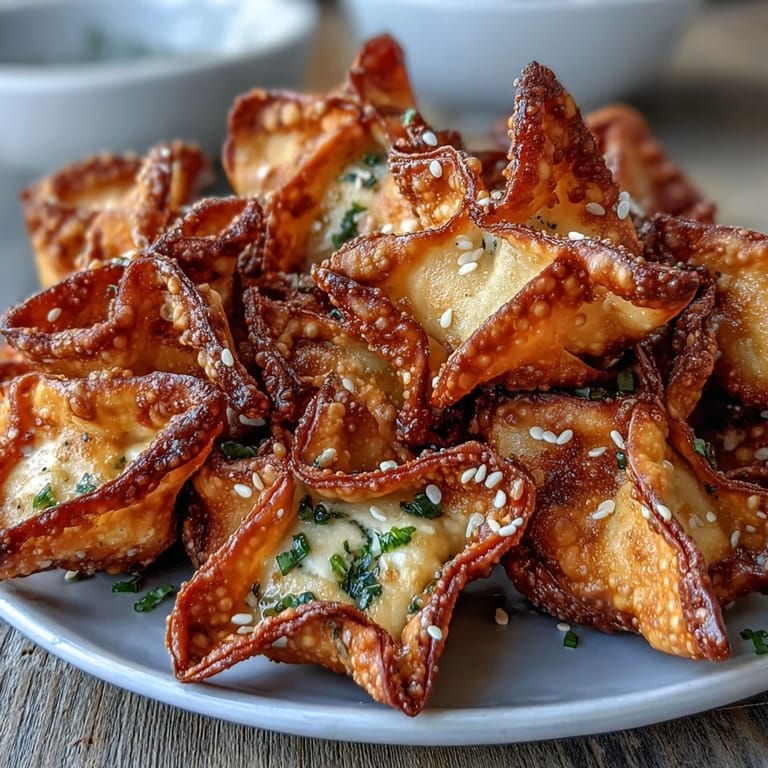 Golden brown wontons bursting with savory cream cheese filling, perfect for Asian-inspired appetizers.