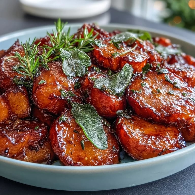 Rich candied yams infused with nutty brown butter, fresh sage, and warm spices for a savory-sweet holiday side dish.