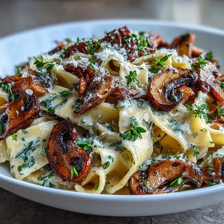 Creamy mushroom pasta with thyme and pappardelle, simmered in a luscious white wine cream sauce and finished with Parmesan cheese.