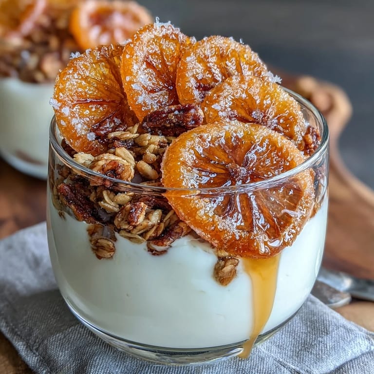 Creamy yogurt parfait with vibrant candied orange segments, crunchy granola, and toasted almonds served in elegant glass jars.