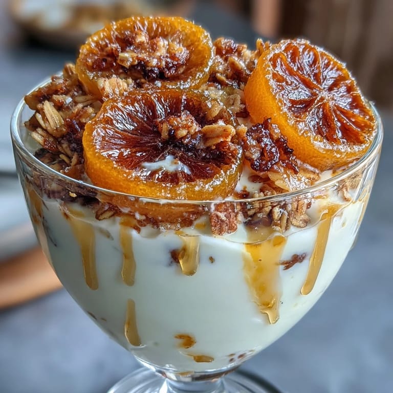 Bright breakfast parfait featuring candied orange slices layered with Greek yogurt and golden granola, garnished with fresh mint leaves.