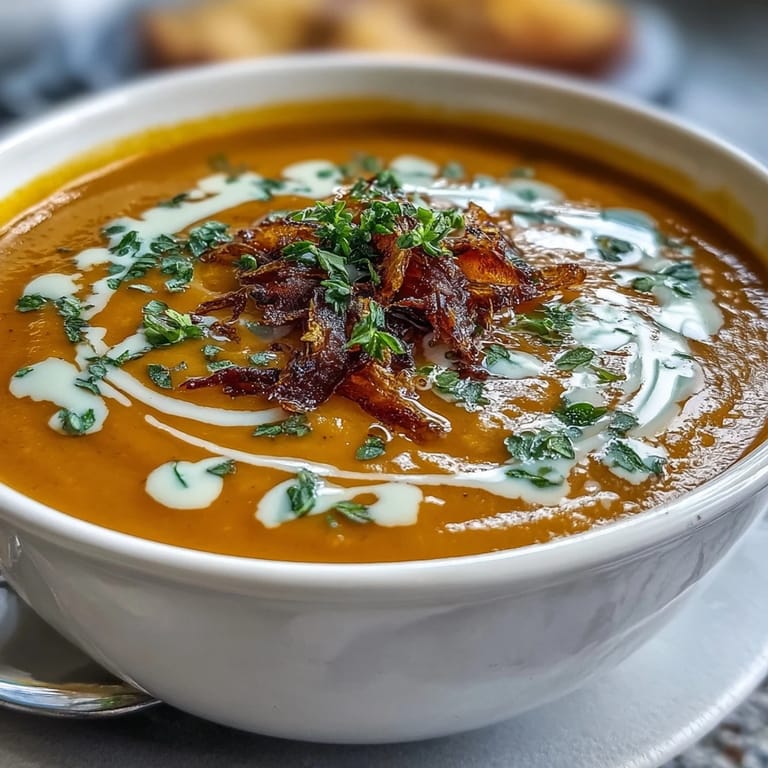 Creamy carrot and orange soup with ginger and coconut milk, served in a white bowl with a swirl of coconut milk on top.