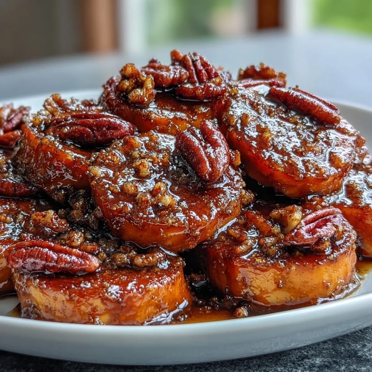 Classic candied yams with toasted pecans, featuring tender yams baked in a buttery cinnamon glaze.