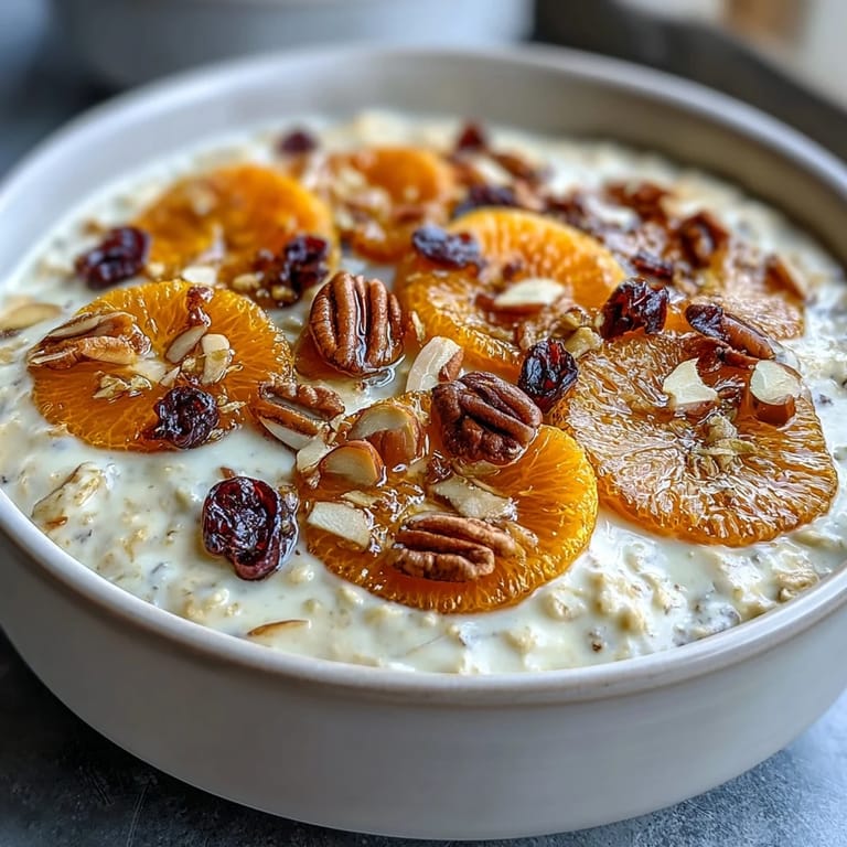 Wholesome rolled oats simmered in milk, topped with homemade candied orange slices, dried cranberries, and golden toasted almonds for a nourishing breakfast.  