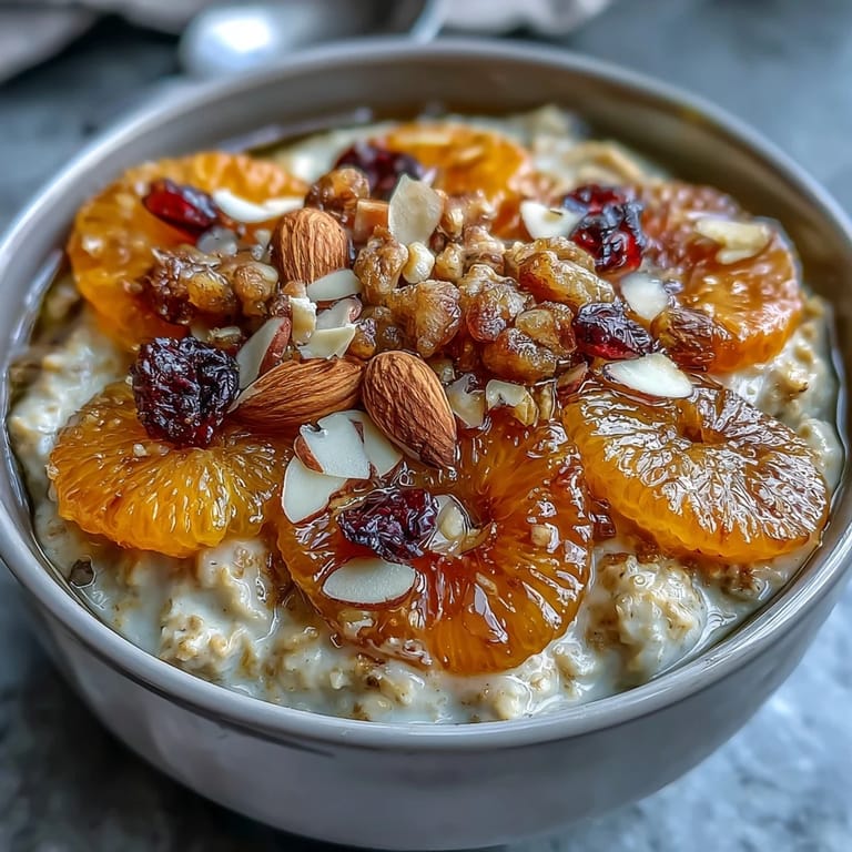 Warm oatmeal infused with vanilla, crowned with sweet candied orange slices, tart cranberries, and crunchy almonds—a perfect vegetarian brunch option.