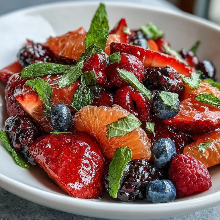 Refreshing Citrus and Berry Spring Fruit Salad with Mint: juicy orange and grapefruit segments paired with ripe berries, sweetened and mint-finished.  