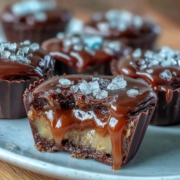 Rich chocolate-coated peanut butter cups filled with salted caramel and sprinkled with sea salt for a sweet-salty treat.  