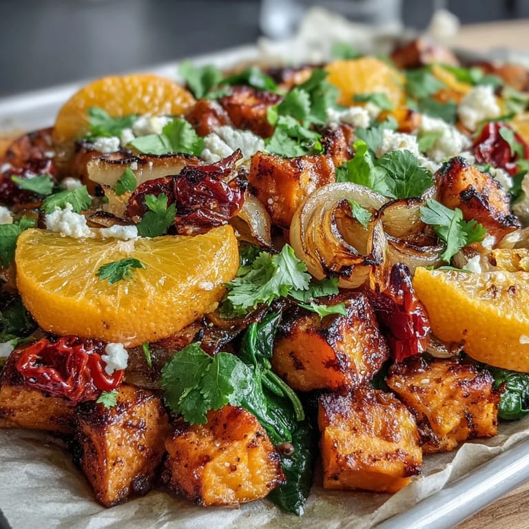 Vibrant sheet pan hash featuring sweet potatoes, oranges, and spinach for a healthy breakfast.  