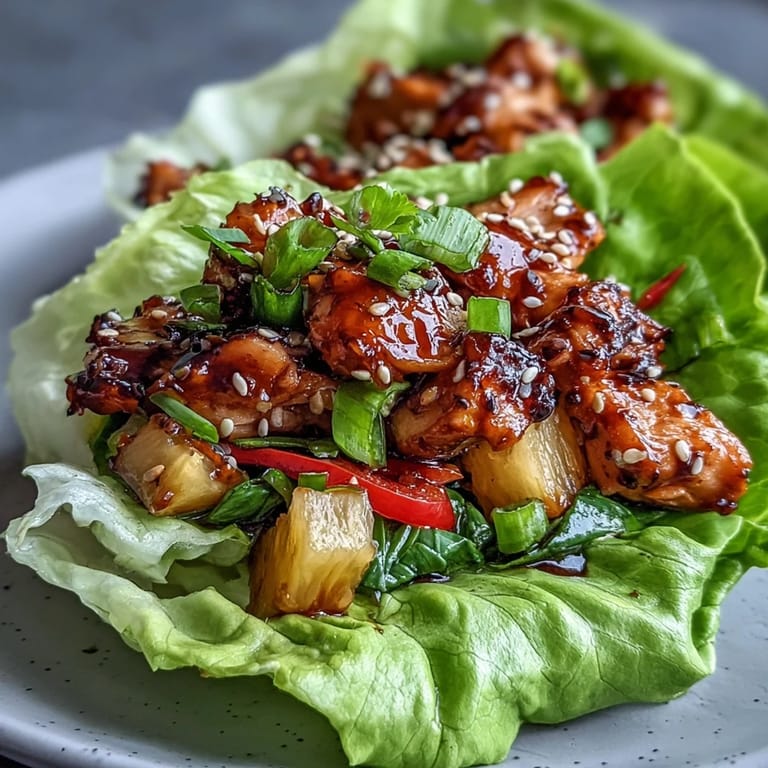 Fresh teriyaki chicken pineapple lettuce wraps with juicy glazed chicken, sweet pineapple chunks, and crisp vegetables in butter lettuce leaves.