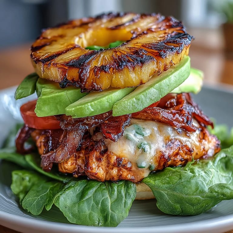 Layered grilled chicken and pineapple burger stacks with melted cheese, avocado, and grilled onions for a hearty, gluten-free meal.  