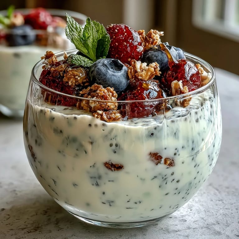 Fluffy vanilla bean chia pudding made with Greek yogurt, chia seeds, and almond milk, perfect for a nutritious snack.