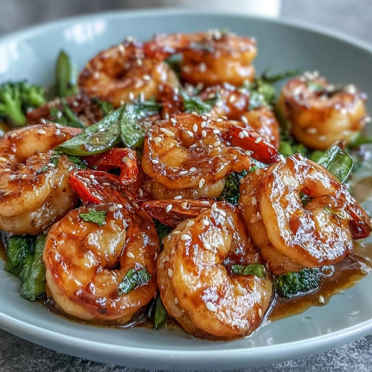 Savory shrimp stir-fry with crisp snap peas, carrots, and red bell peppers, tossed in a glossy honey-soy glaze.