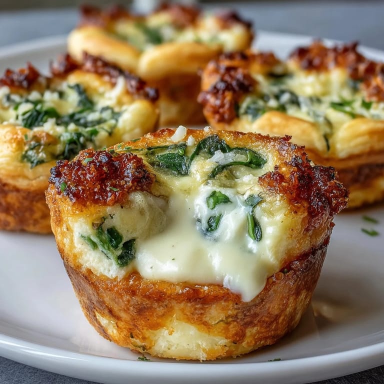 Bite-sized quiches filled with creamy egg custard, Gruyère cheese, and colorful vegetables for a festive brunch.  