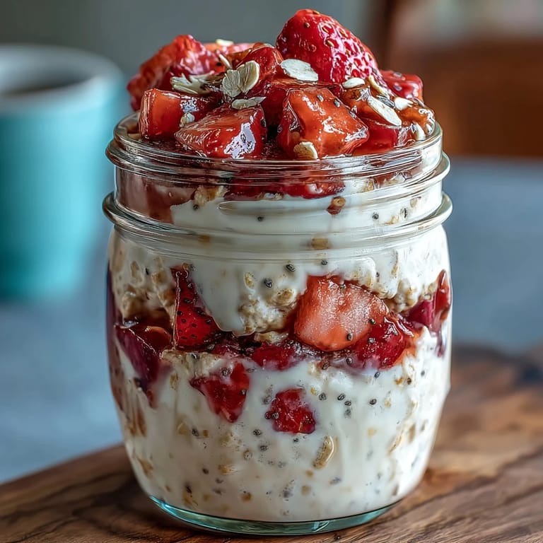 Make-ahead strawberry protein oats with juicy berries, almond milk, and a hint of honey—nutritious and delicious.