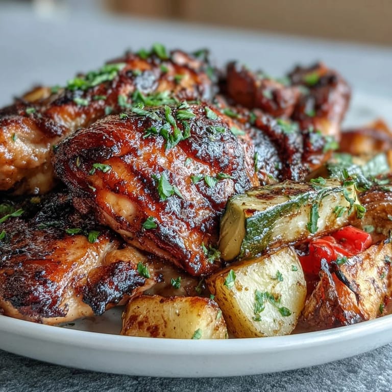 Juicy sheet pan chicken thighs paired with tender roasted carrots, potatoes, and bell peppers, all seasoned to perfection.
