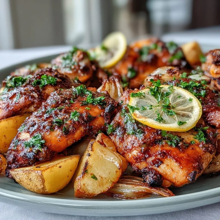 Aromatic whole chicken marinated in lemon, garlic, and fresh herbs, nestled atop golden baby potatoes and onions, ready for carving at the table.