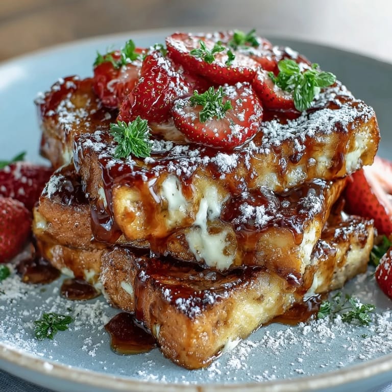 Slices of brioche bread soaked in vanilla custard, baked with juicy strawberries and topped with crunchy almonds for a delightful breakfast treat.