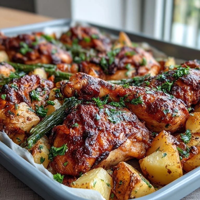 Easy sheet pan chicken and veggie dinner with tender carrots, crispy-skinned thighs, and golden potatoes, perfect for family meals.
