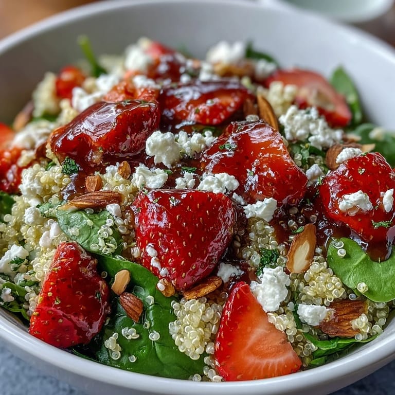 Sweet strawberries and salty feta combine with nutty quinoa and baby spinach, drizzled with balsamic for a vibrant, healthy lunch or side.