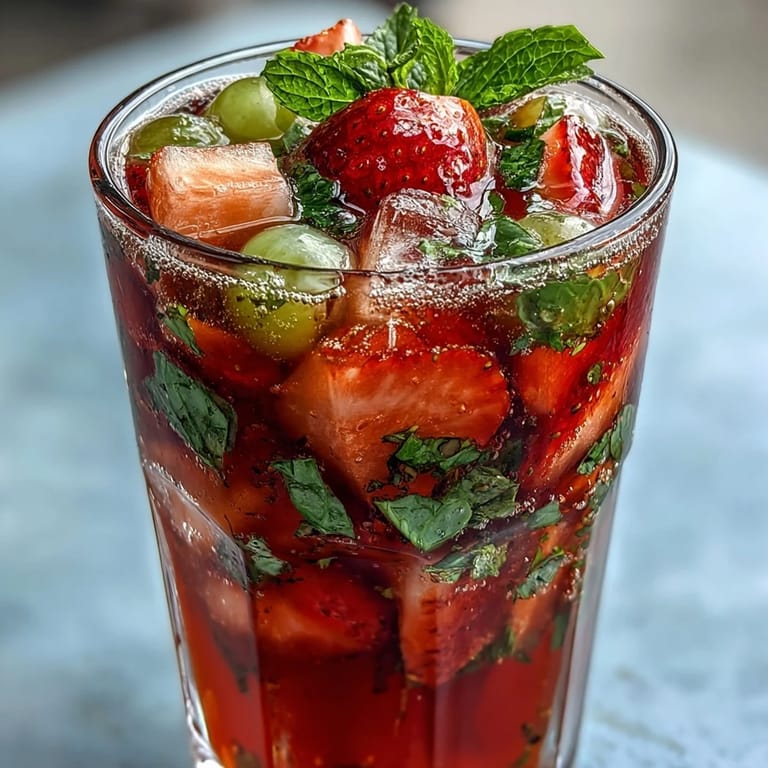 Refreshing Spring Sangria Mocktail featuring white grape and citrus fruits, garnished with mint leaves and ice cubes.
