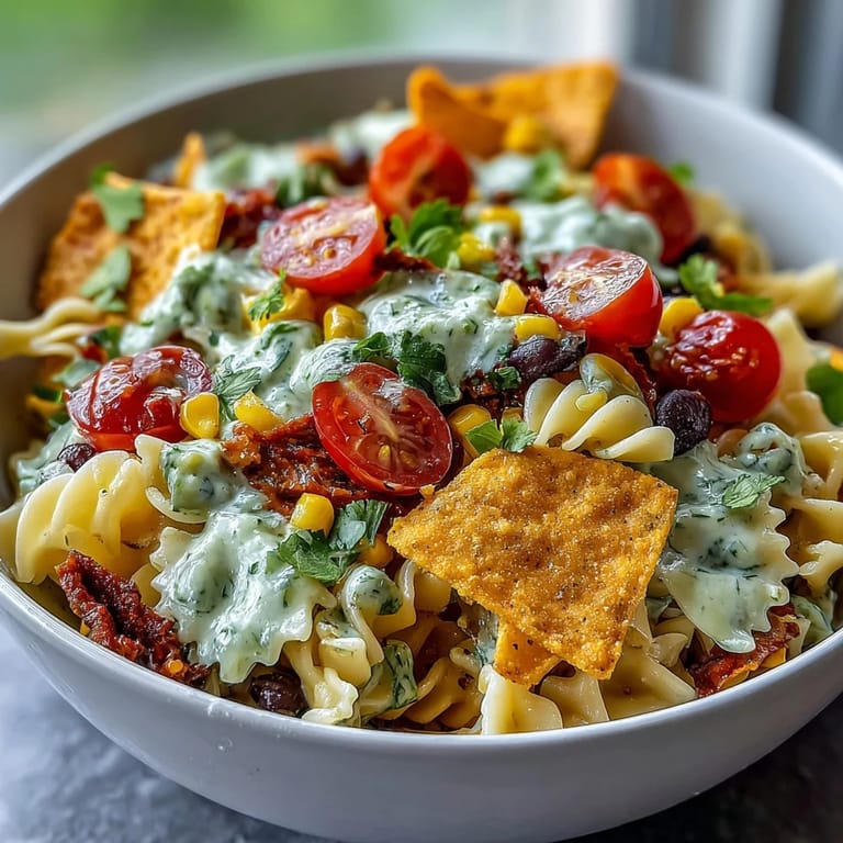 Creamy avocado ranch coats taco pasta salad with Doritos, blending zesty flavors and satisfying crunch.  