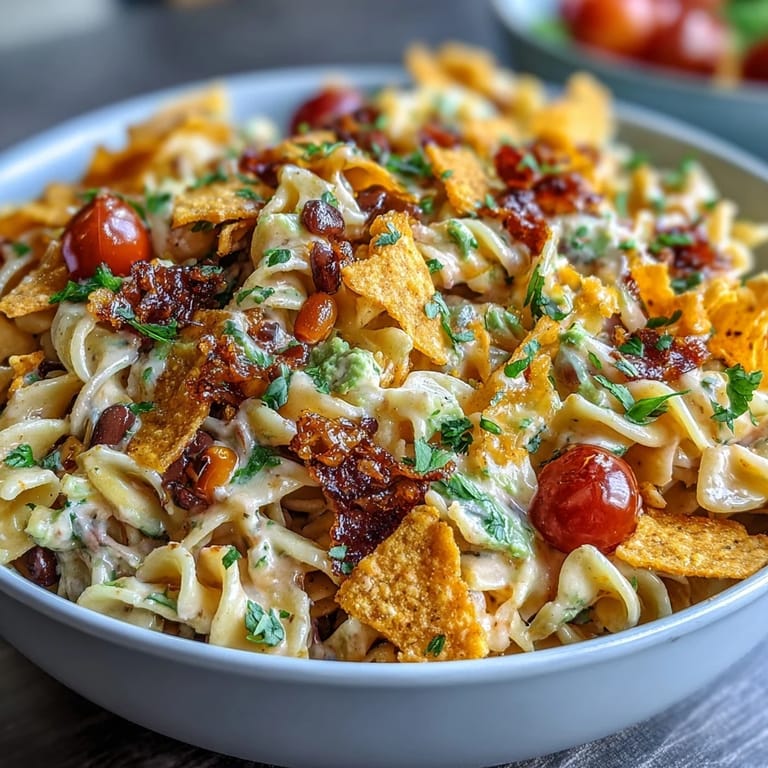 Hearty taco pasta salad with Doritos and avocado ranch, a Tex-Mex favorite for parties or potlucks.