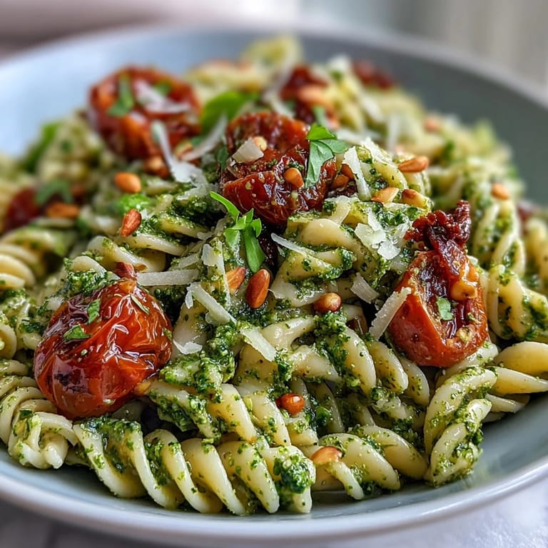 Creamy pesto-coated pasta salad with juicy cherry tomatoes and parmesan, perfect for picnics and warm-weather gatherings.