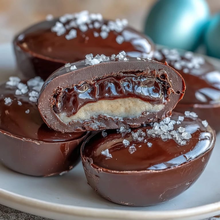 Homemade dark chocolate peanut butter Easter eggs with sea salt, offering a smooth, indulgent bite with a satisfying salty-sweet finish for holiday celebrations.