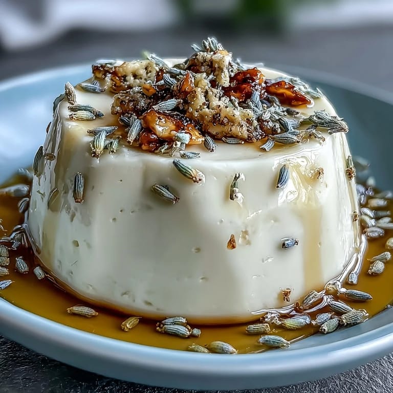 A creamy Italian panna cotta infused with fragrant lavender and sweetened with honey, served in elegant glasses with edible flowers.