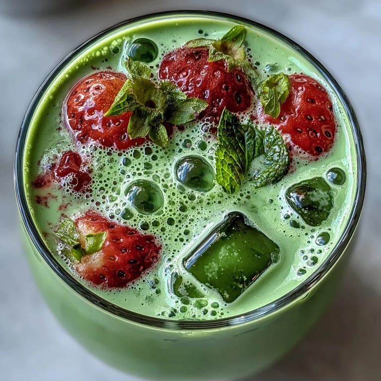 A creamy strawberry matcha latte with oat milk, blending sweet berry puree, vibrant matcha, and chilled plant-based milk in a tall glass.