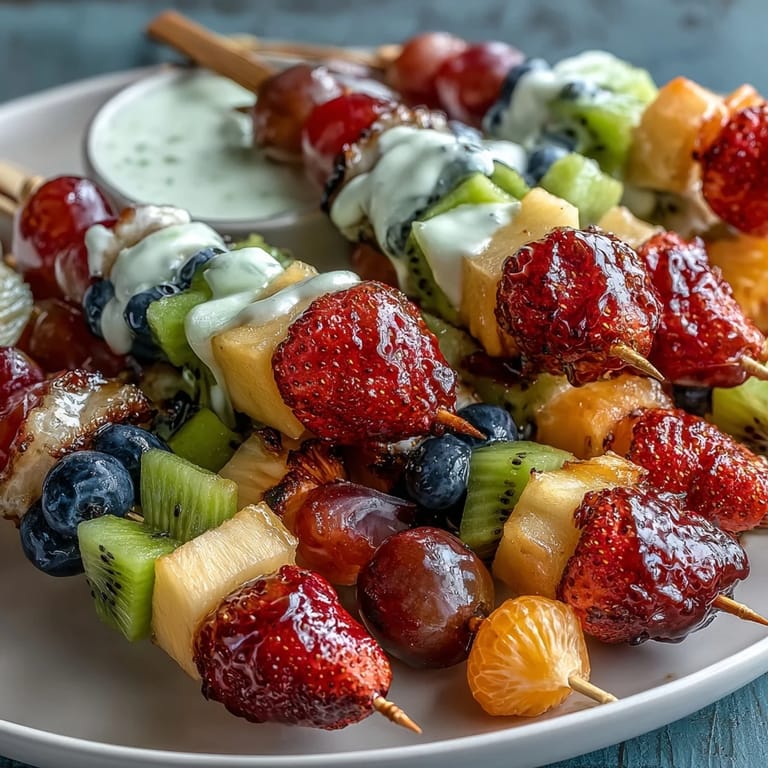 Fresh and festive, these Rainbow Fruit Skewers with Honey Dip feature juicy seasonal fruits threaded on skewers, perfect for summer parties or kid-friendly treats.